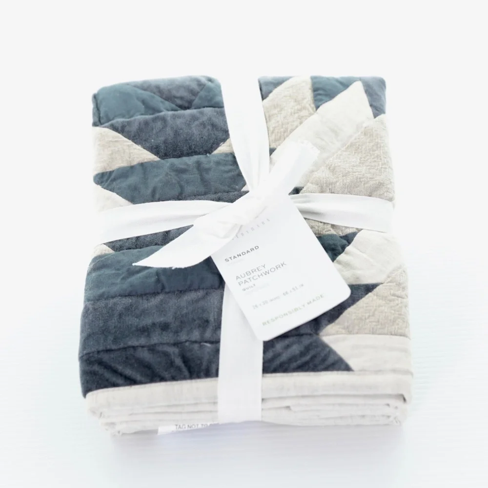 NWT Pottery Barn Aubrey Velvet Patchwork Quilted Shams - (2) Standard Blue Tan